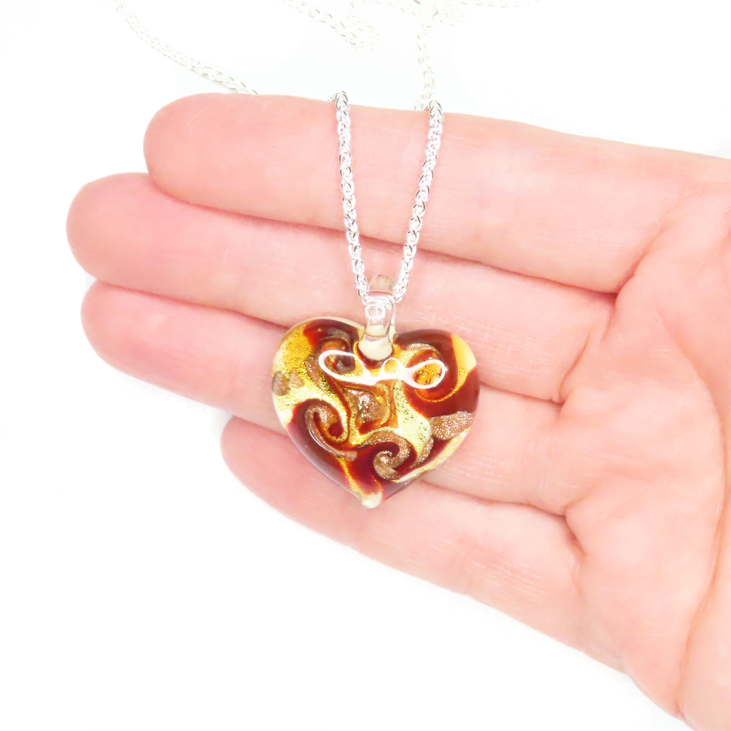 Murano Glass Red Copper Gold Swirl Heart Pendant Necklace