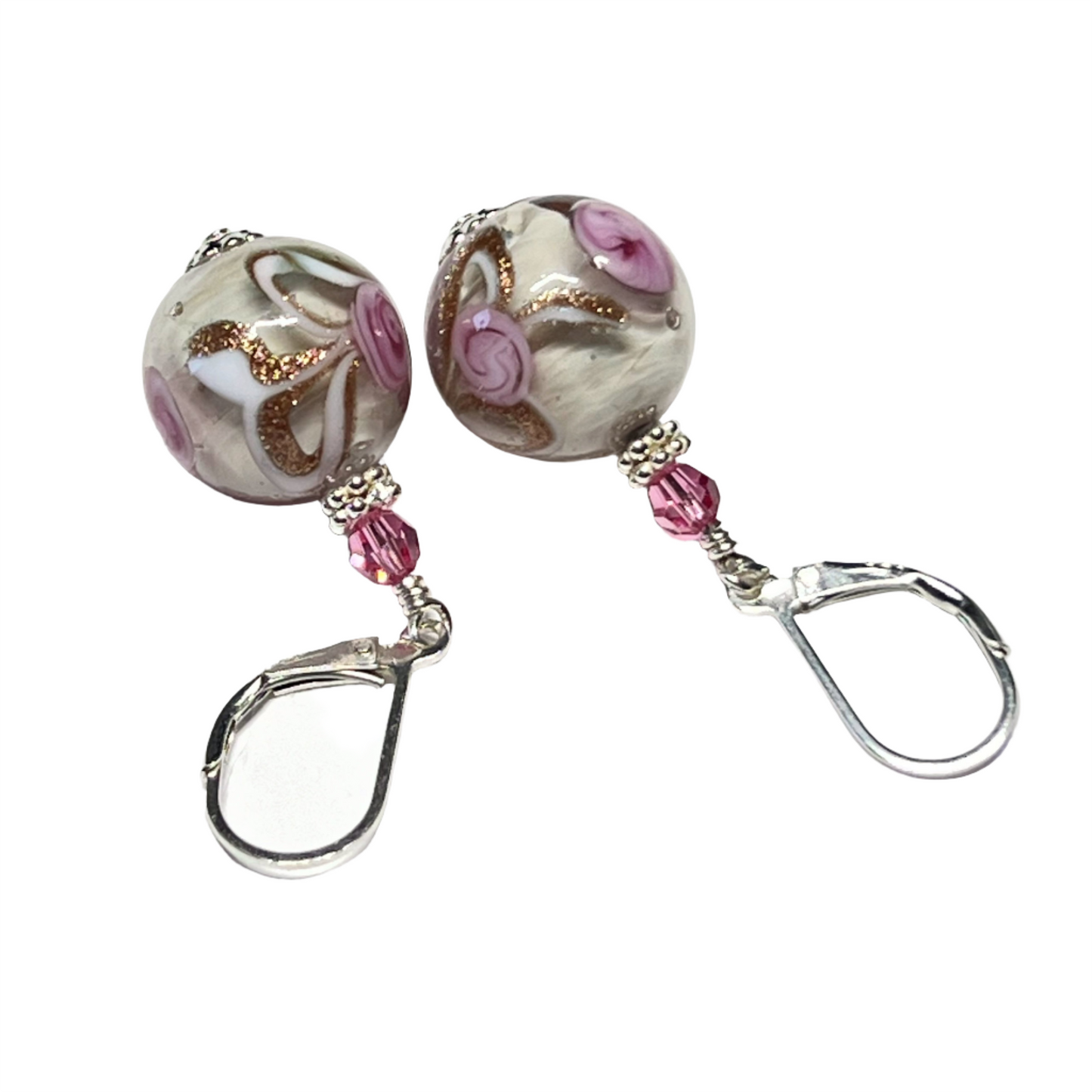 Murano Glass Pink Rose Ball Silver Earrings