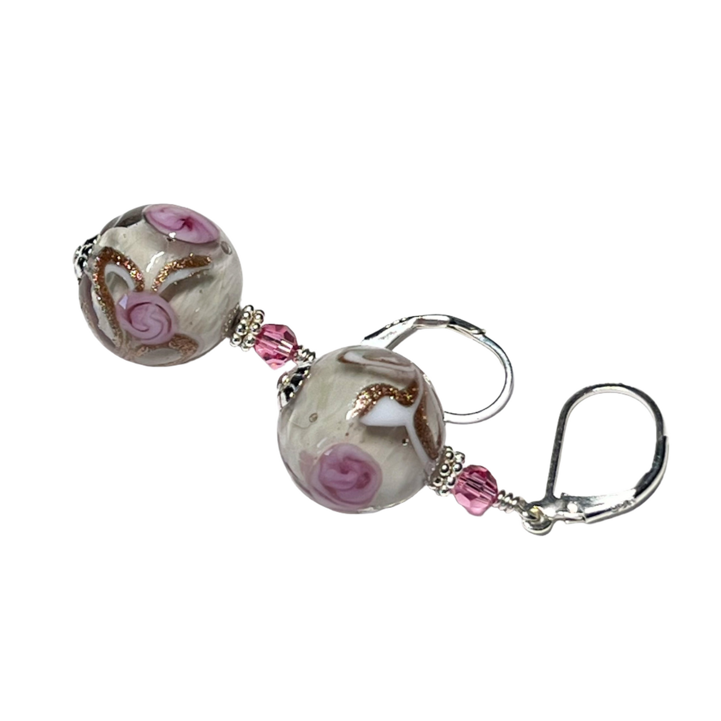 Murano Glass Pink Rose Ball Silver Earrings