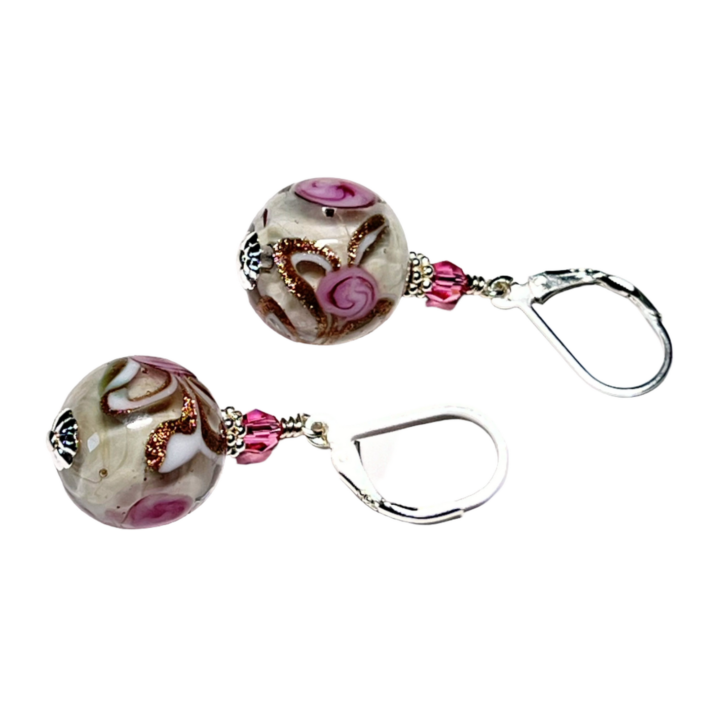 Murano Glass Pink Rose Ball Silver Earrings