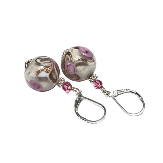 Murano Glass Pink Rose Ball Silver Earrings