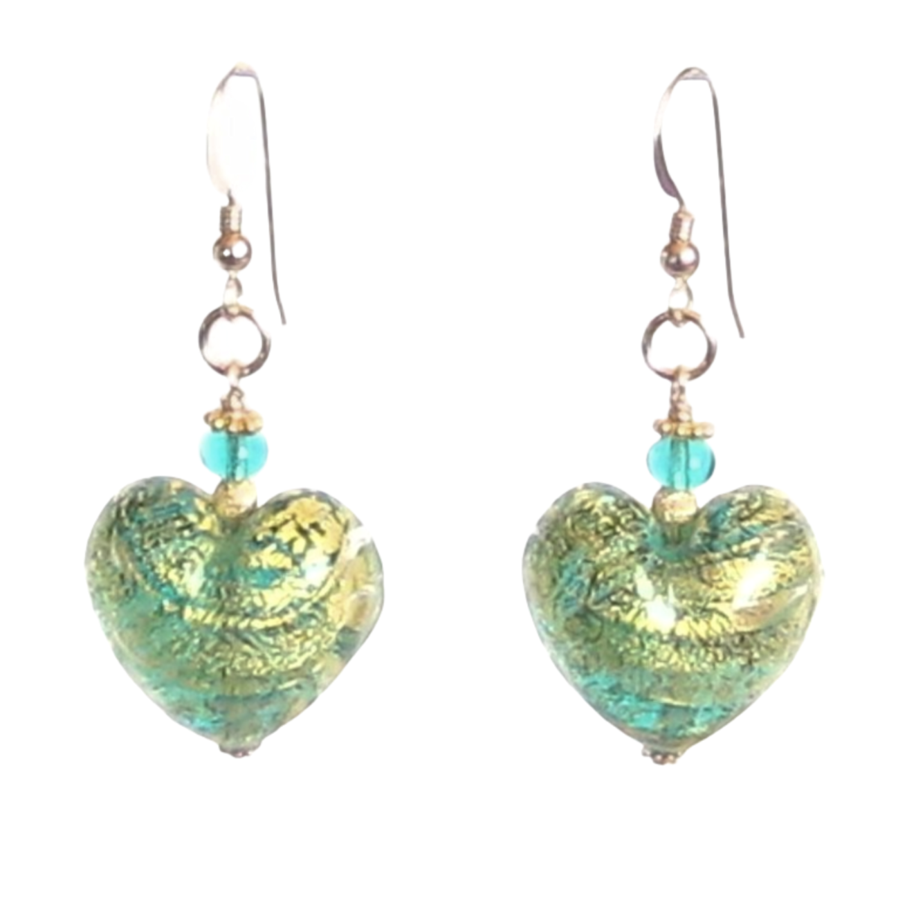 Murano Glass Sea Green Chunky Heart Gold Earrings