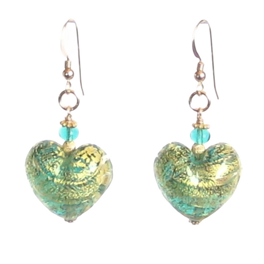 Murano Glass Sea Green Chunky Heart Gold Earrings