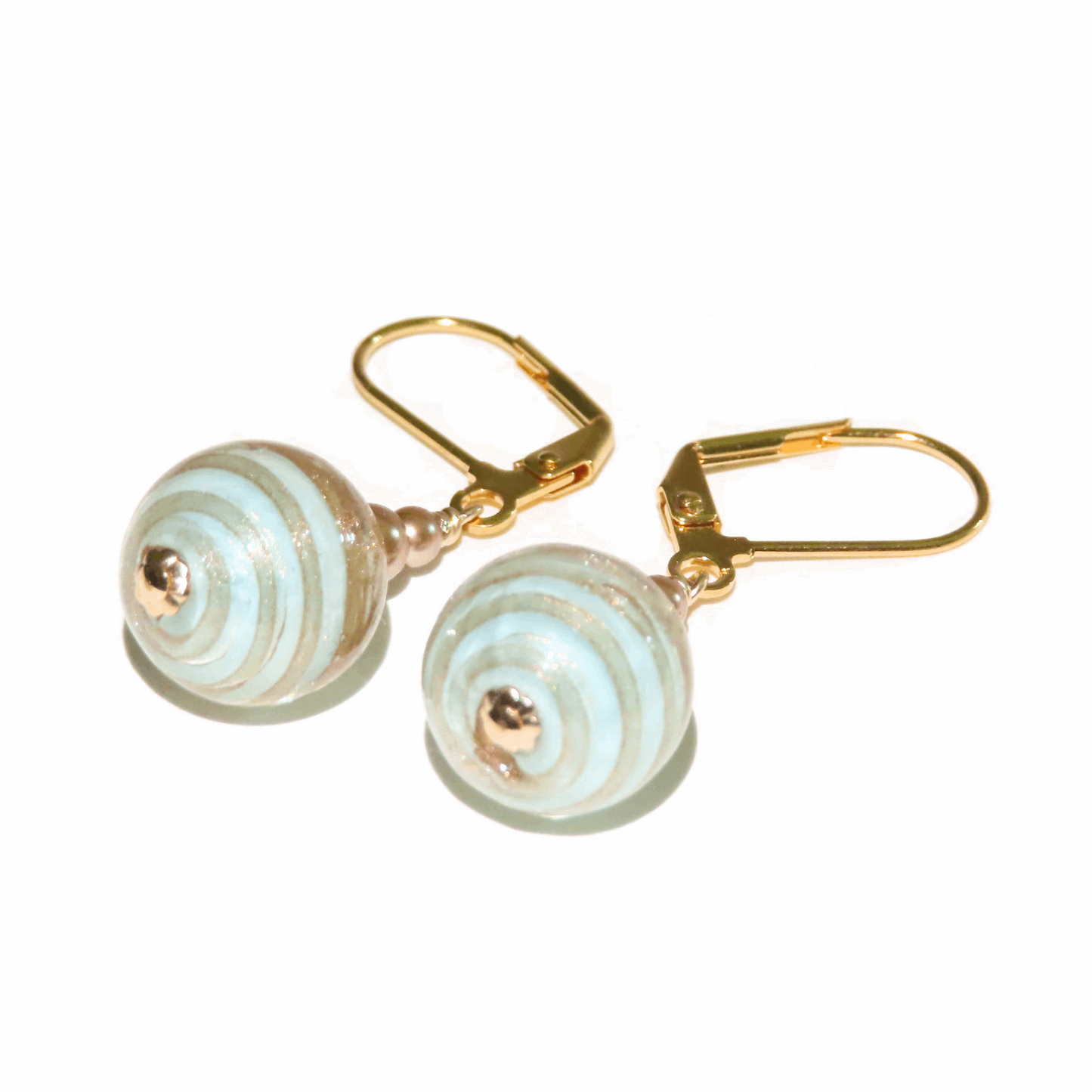 Murano Glass Aquamarine Ball Drop Gold Earrings, Venetian Jewelry