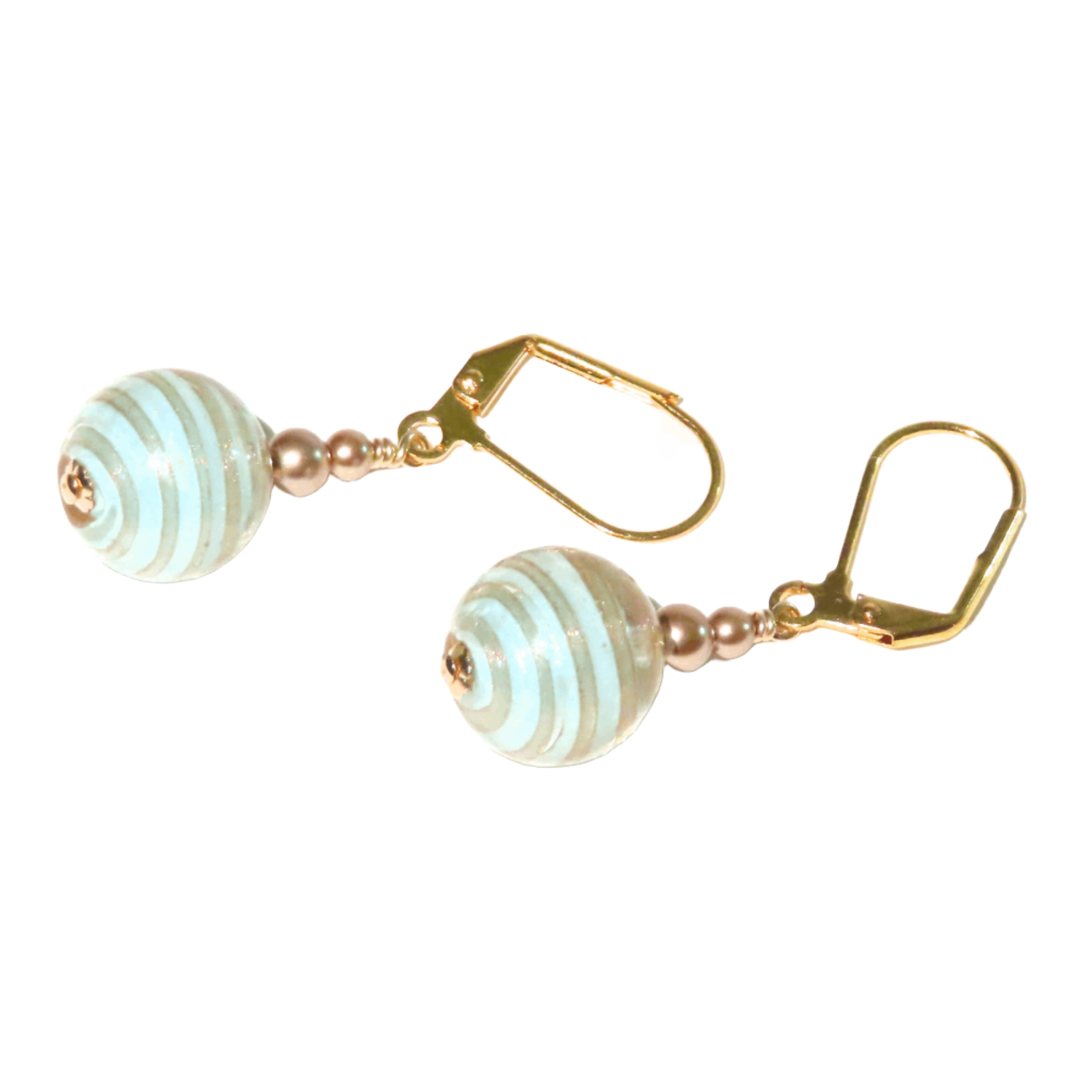 Murano Glass Aquamarine Ball Drop Gold Earrings, Venetian Jewelry