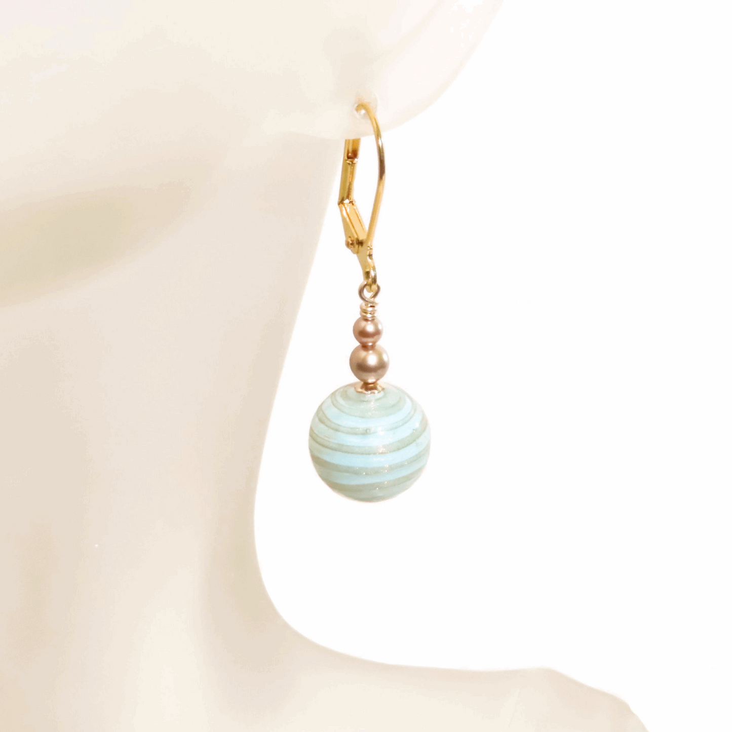 Murano Glass Aquamarine Ball Drop Gold Earrings, Venetian Jewelry