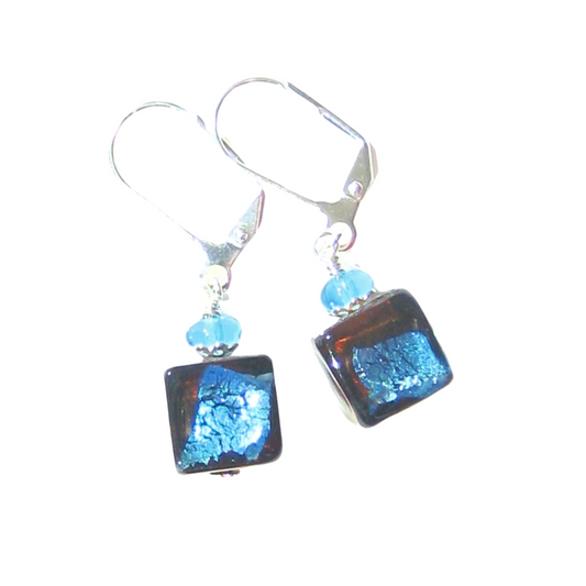 Murano Glass Aqua Dark Topaz Cube Sterling Silver Earrings