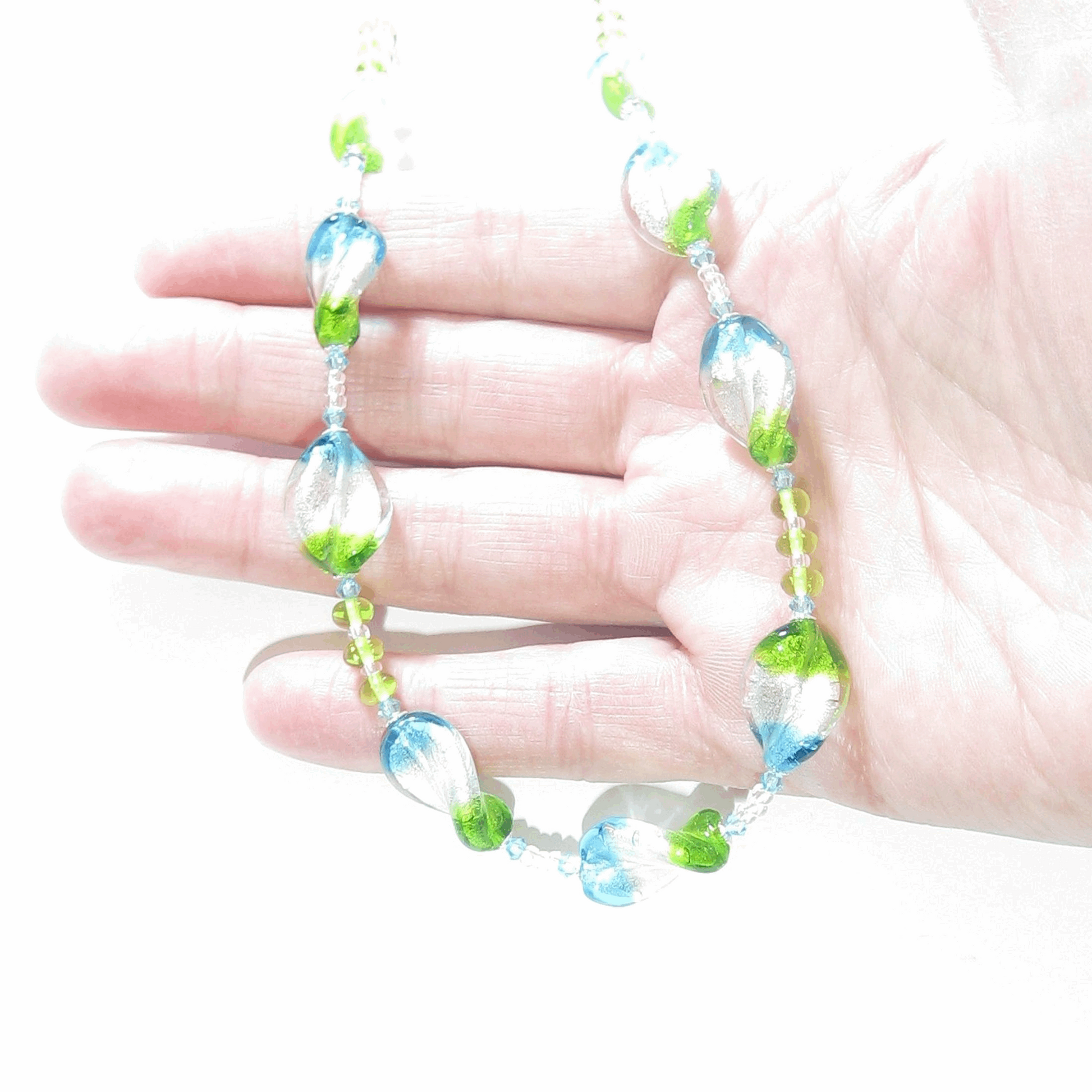 Murano Glass Aqua Green Tricolor Twist Silver Necklace - JKC Murano