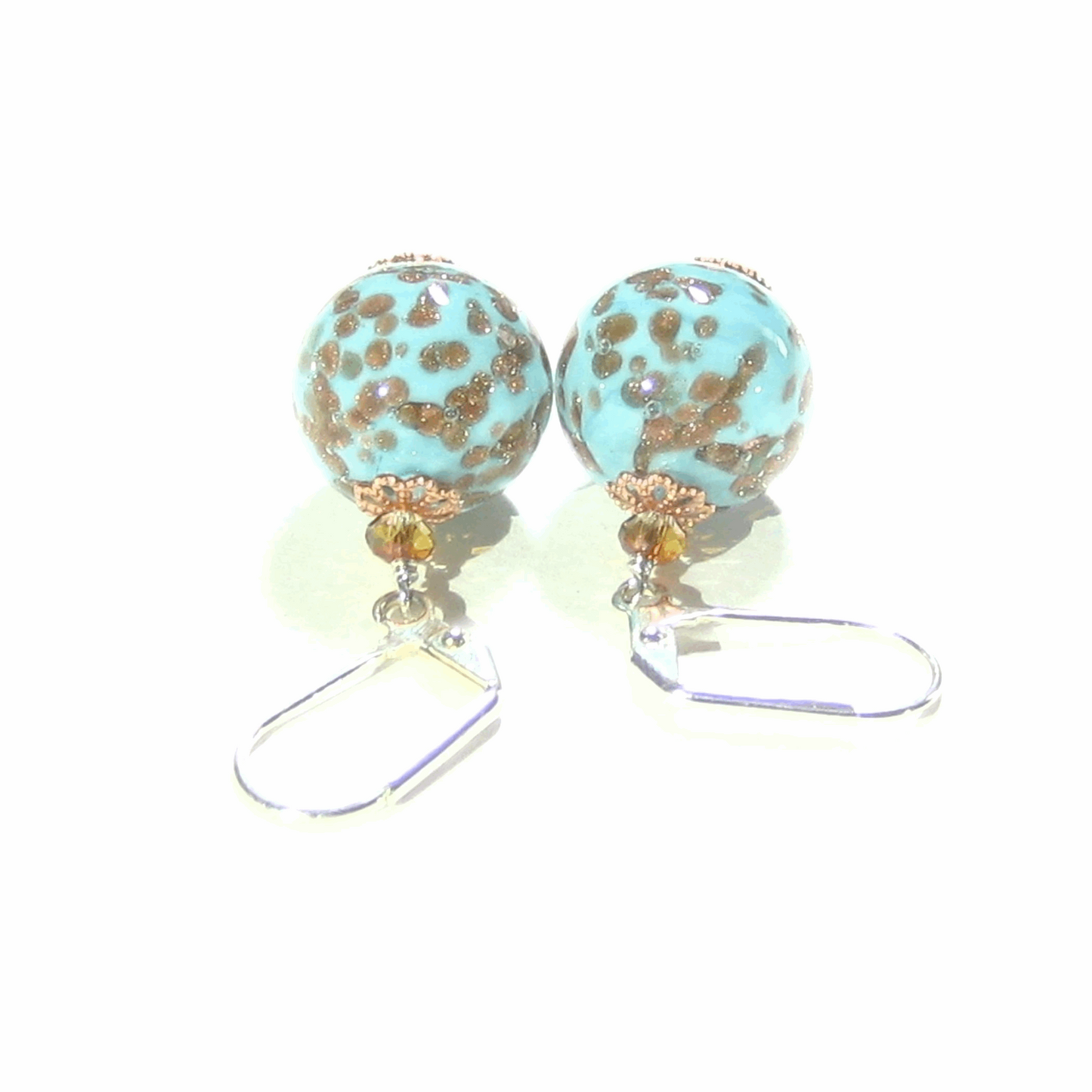 Italian Murano Glass Turquoise Copper Silver Earrings, Sterling Leverback Earrings - JKC Murano