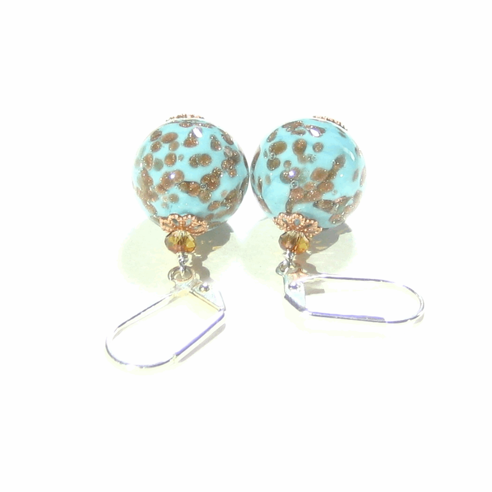 Italian Murano Glass Turquoise Copper Silver Earrings, Sterling Leverback Earrings - JKC Murano