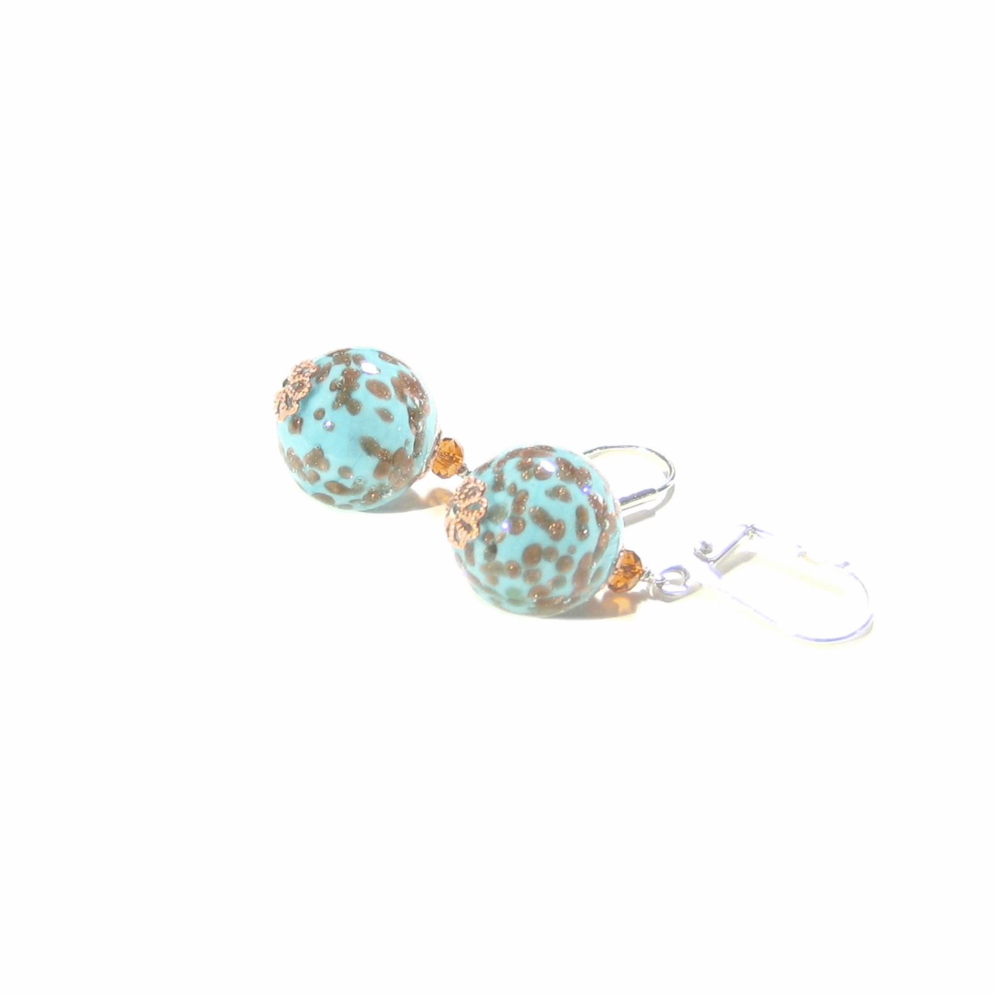 Italian Murano Glass Turquoise Copper Silver Earrings, Sterling Leverback Earrings - JKC Murano
