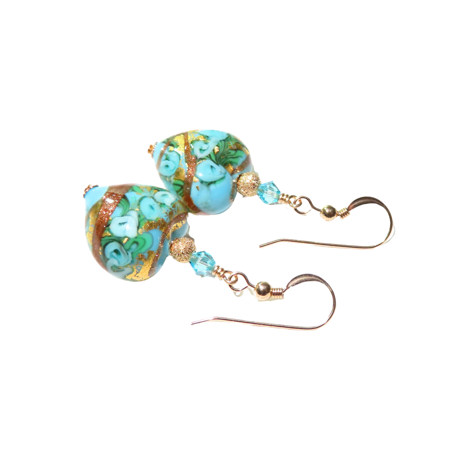 a pair of earrings with blue and green beads