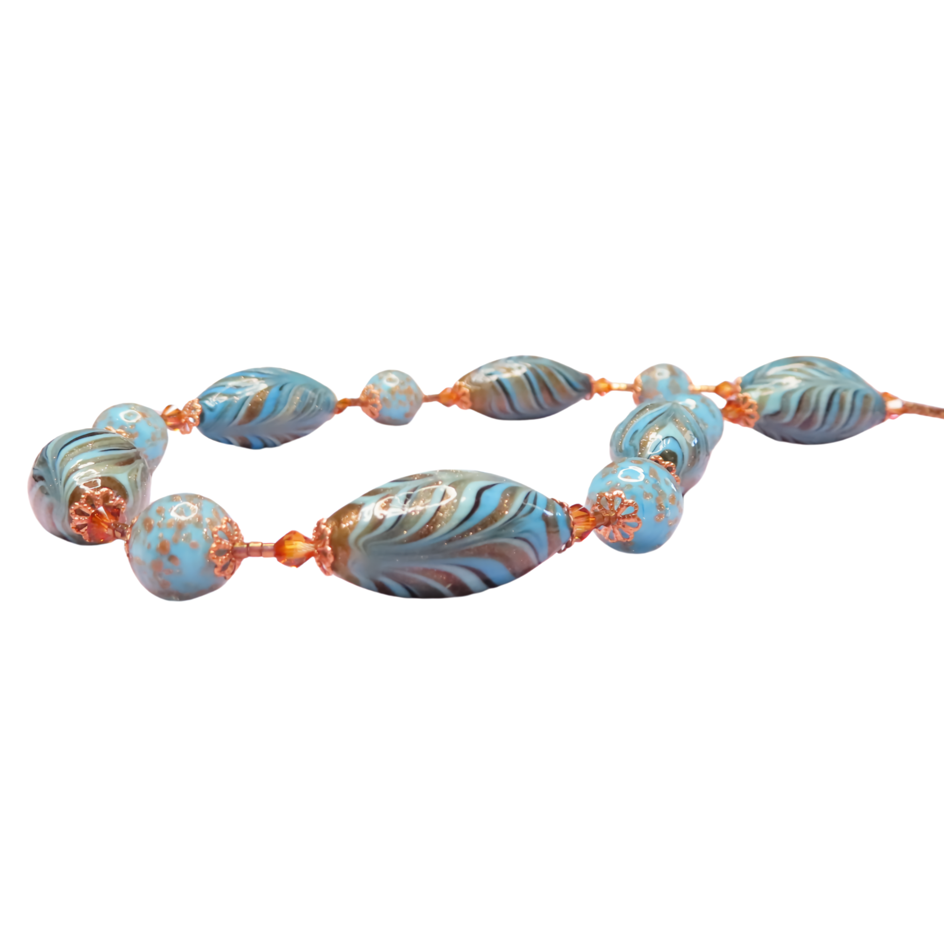 a turquoise and copper beaded necklace on a white background