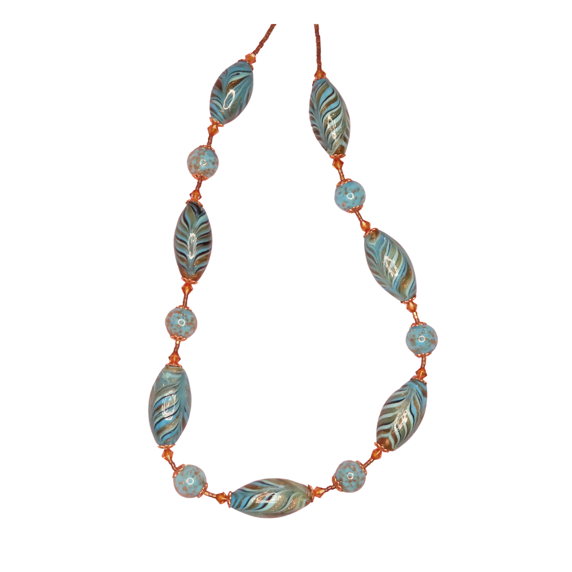 a necklace made of Murano glass beads and copper wire