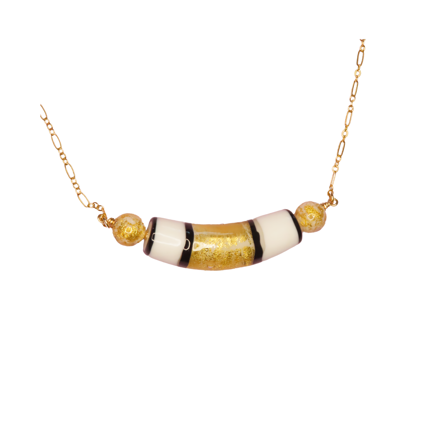 a necklace with a yellow gold and black bead