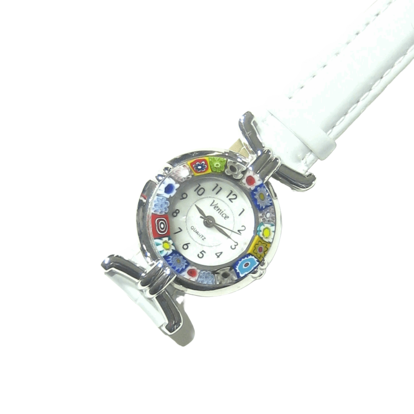 Italian Murano Glass Millefiori Chrome White Leather Band Watch - JKC Murano