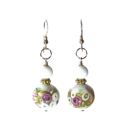 Murano Glass White Wedding Cake Rose Gold Earrings