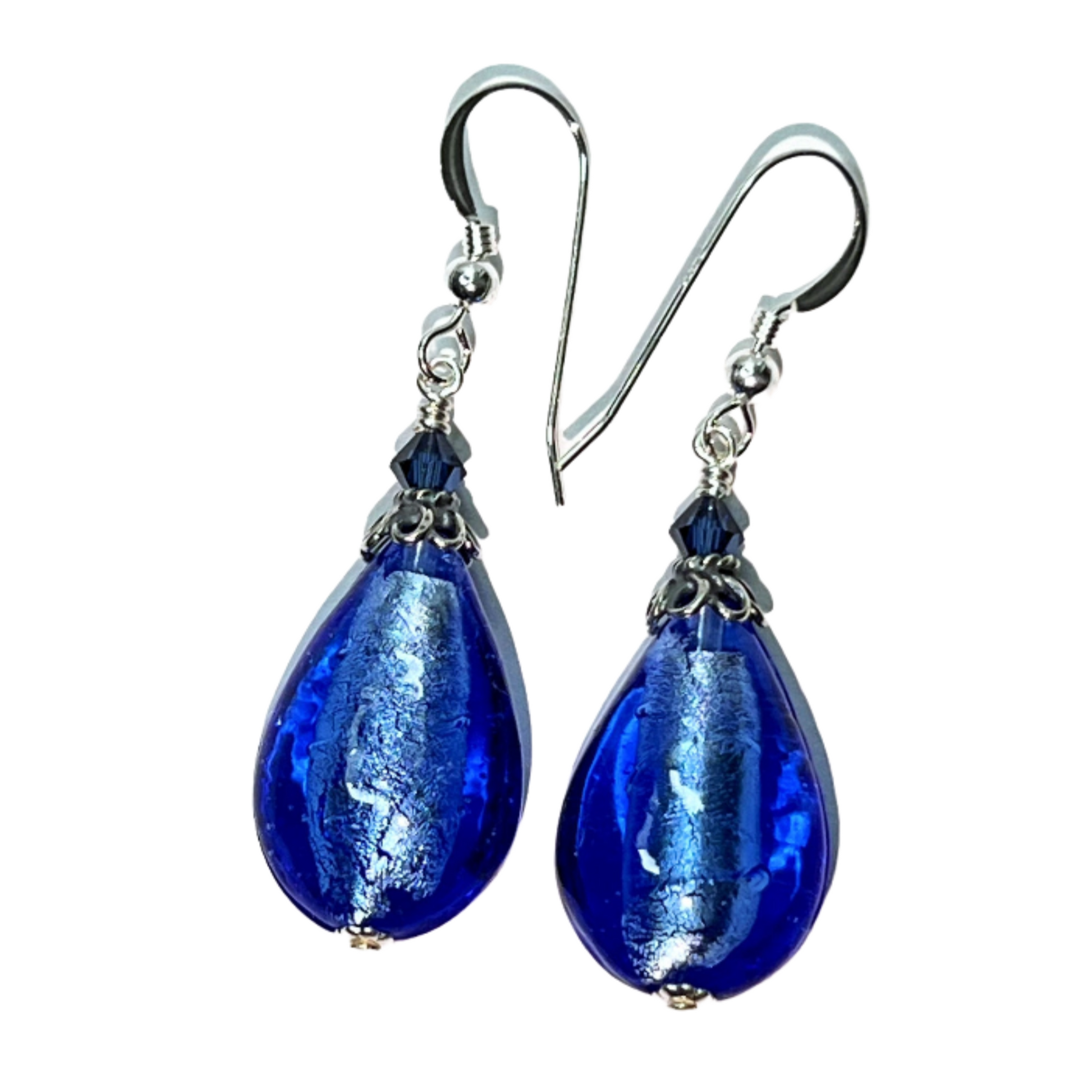 Murano glass sapphire blue teardrop silver earrings