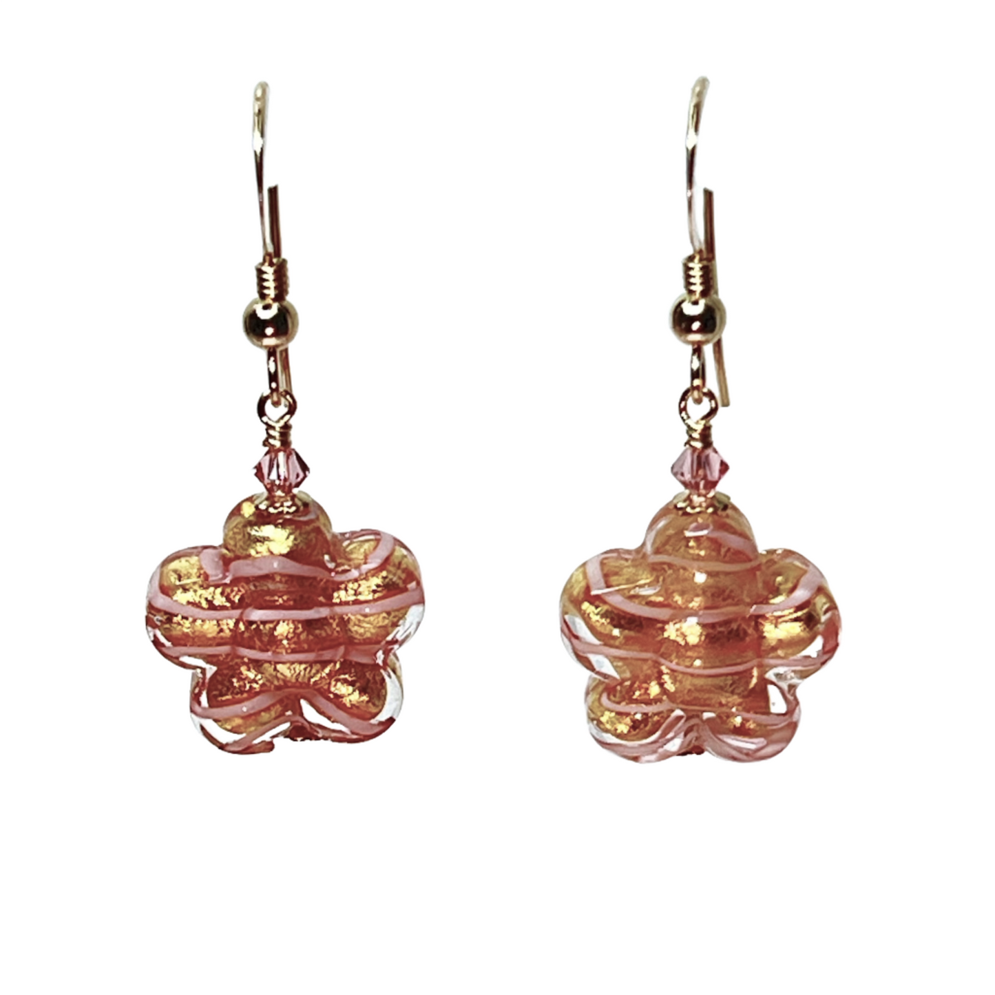 Murano Glass Pink Striped Flower Shaped Gold Earrings