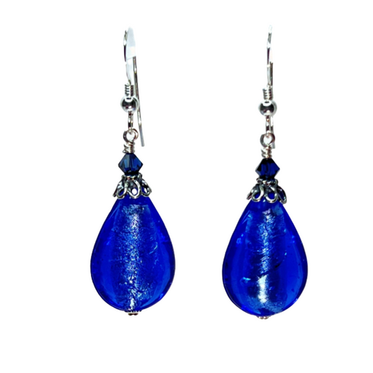 Murano glass sapphire blue teardrop silver earrings