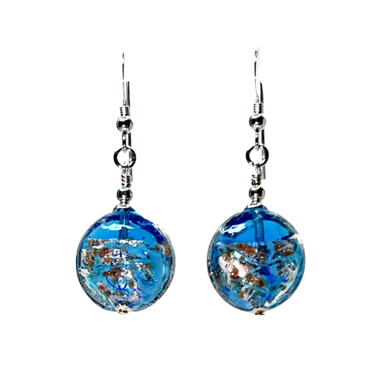 Murano Glass Aqua Splash Disc Sterling Silver Earrings