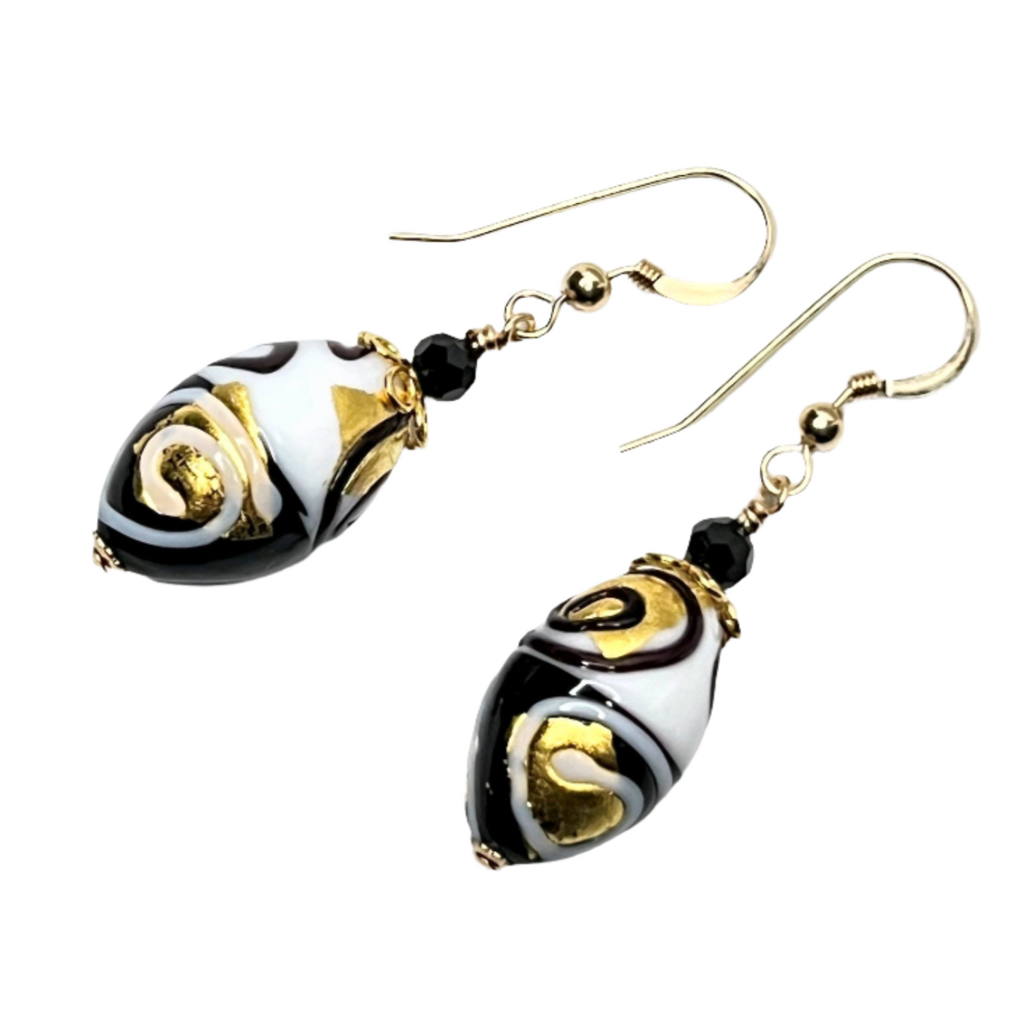 Murano glass black white oval gold earrings by JKC Murano