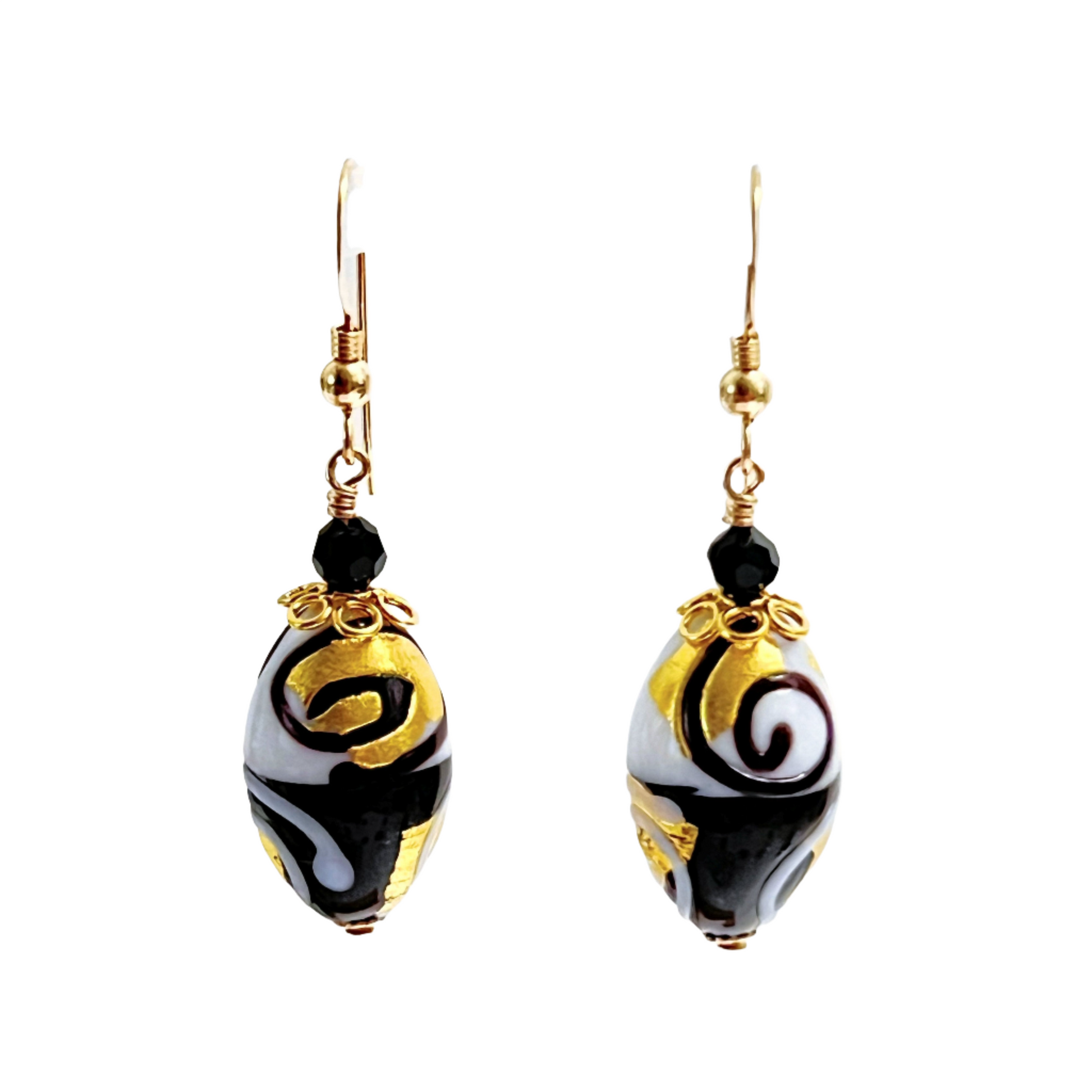 Murano glass black white oval gold earrings by JKC Murano