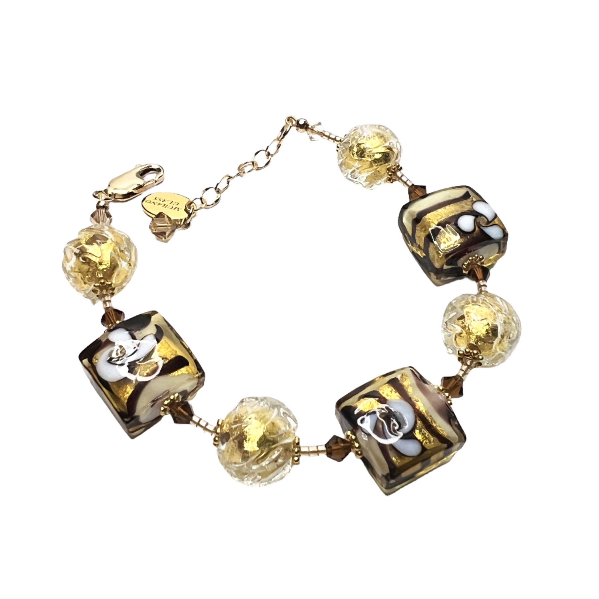 Murano glass  brown gold square flower bracelet by JKC Murano