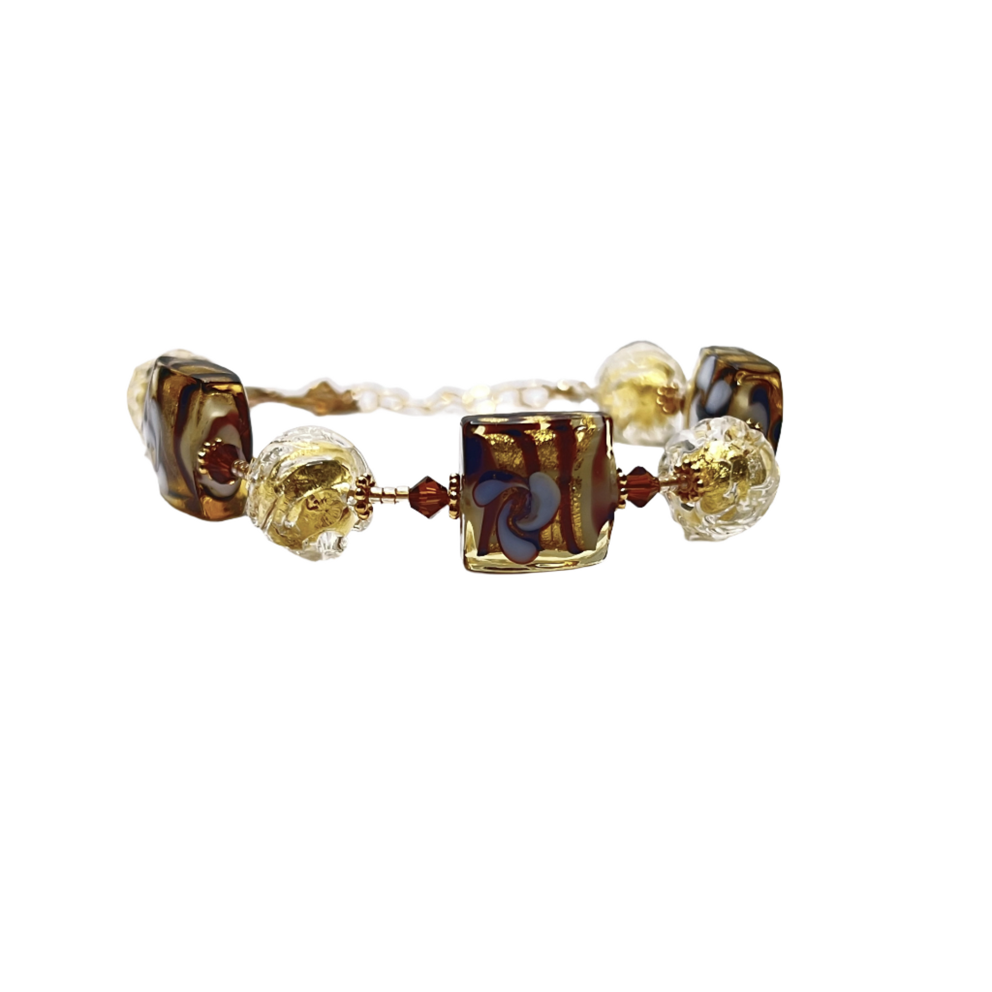 Murano glass  brown gold square flower bracelet by JKC Murano