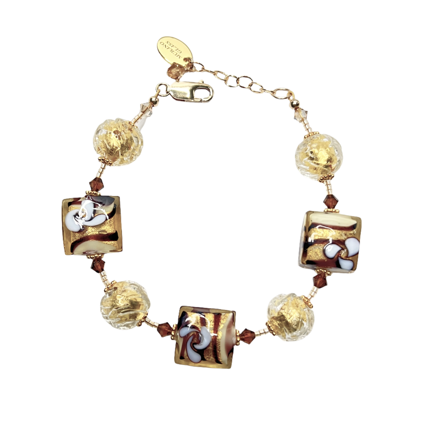 Murano glass  brown gold square flower bracelet by JKC Murano