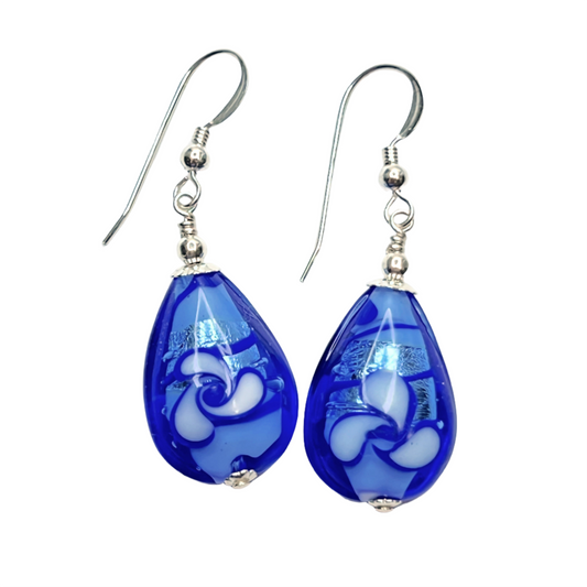 Murano glass blue flower teardrop silver earrings