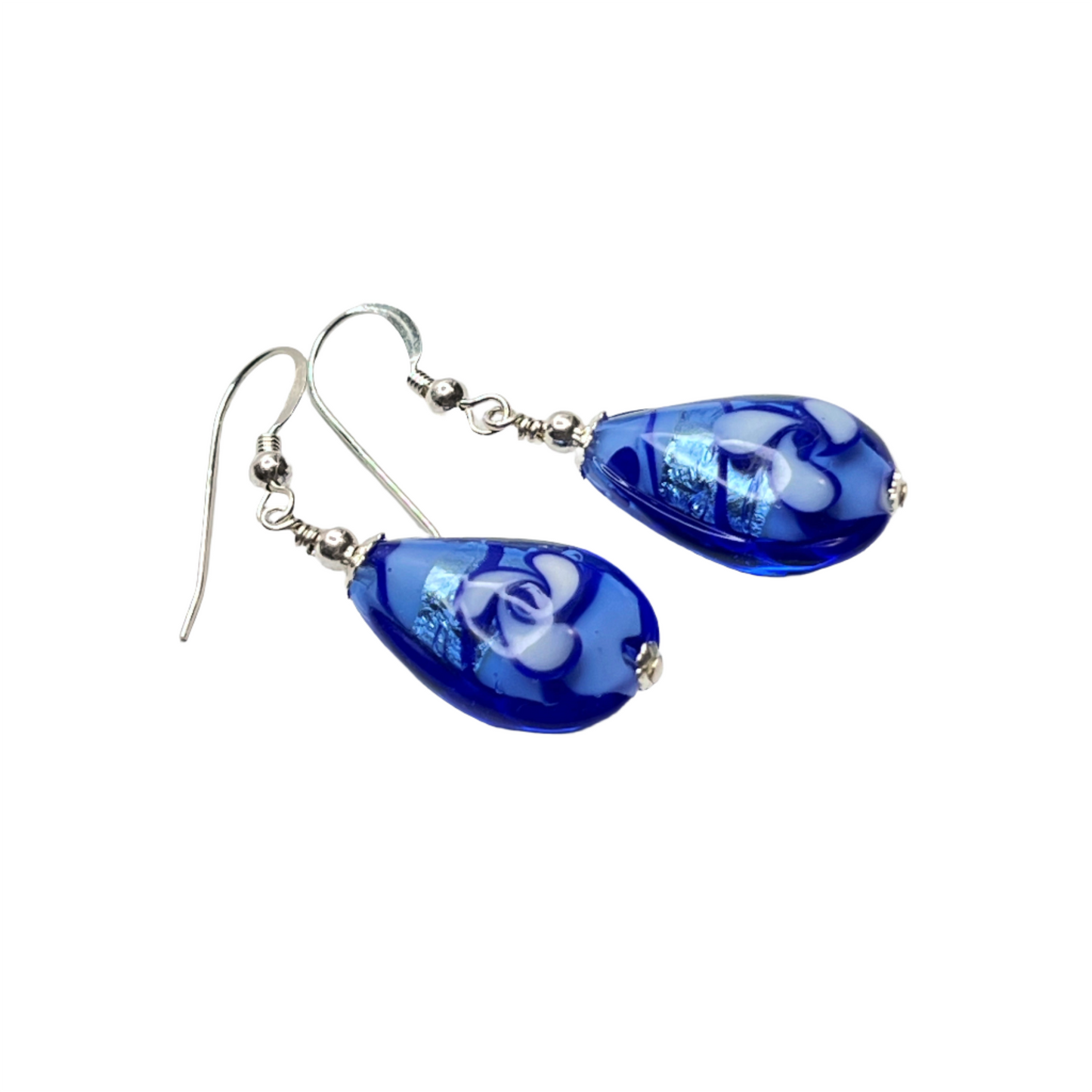 Murano glass blue flower teardrop silver earrings