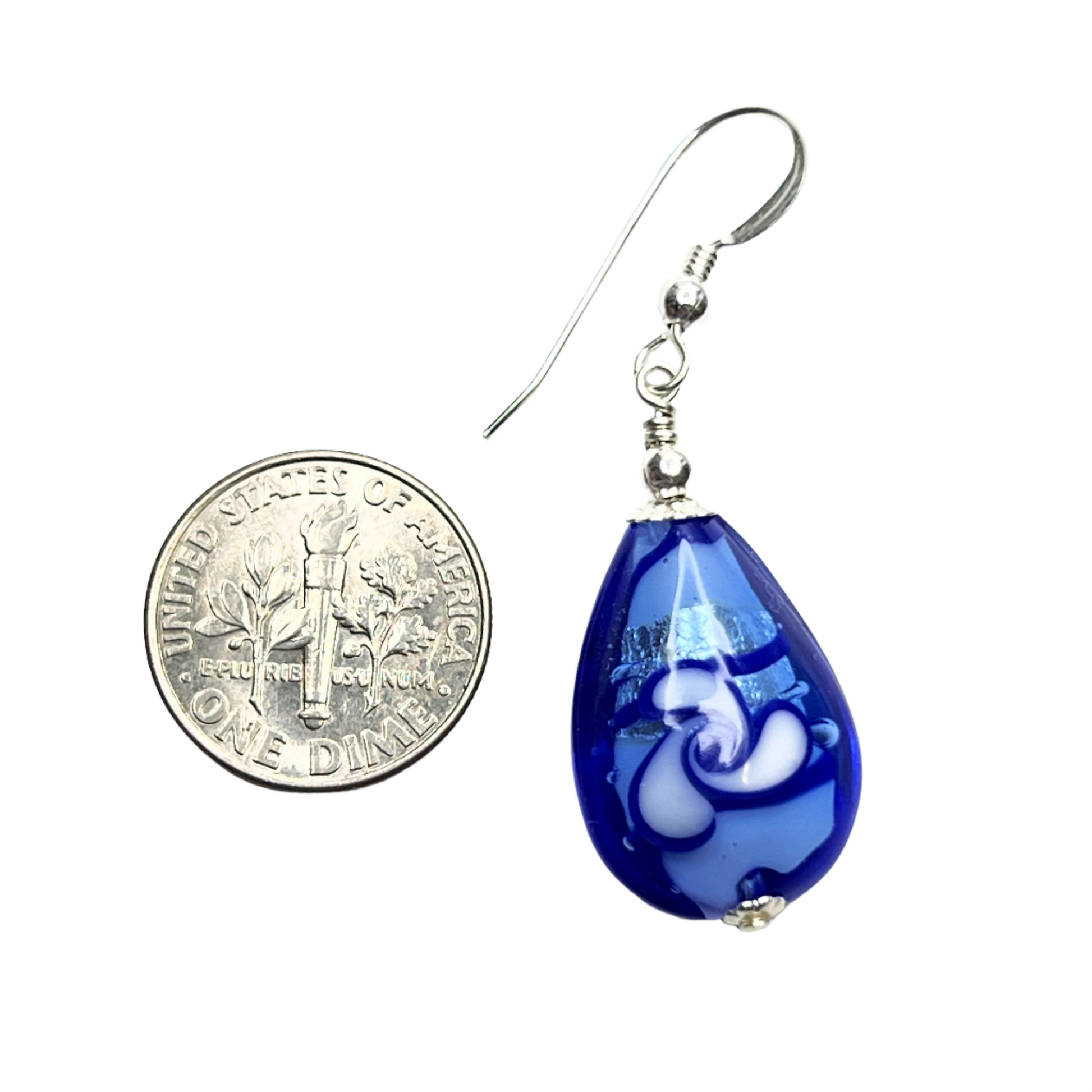 Murano glass blue flower teardrop silver earrings