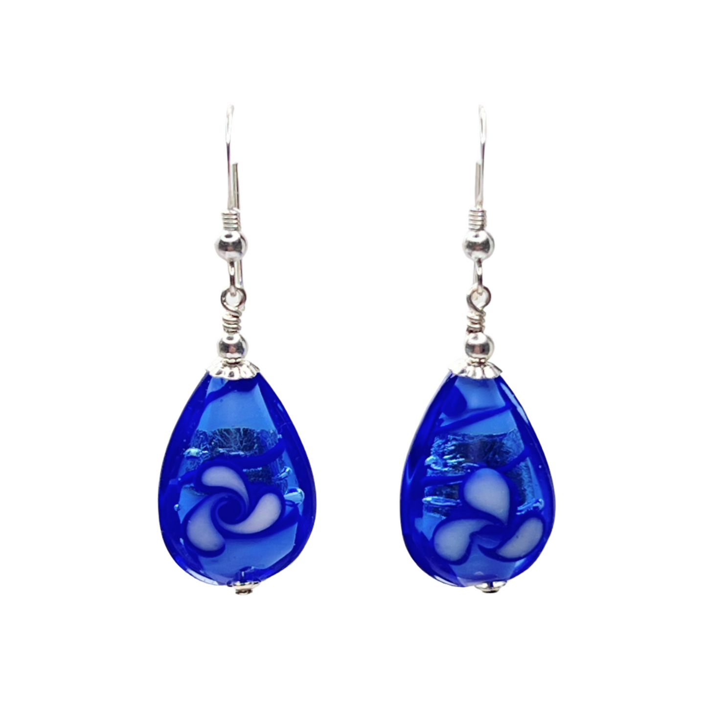 Murano glass blue flower teardrop silver earrings