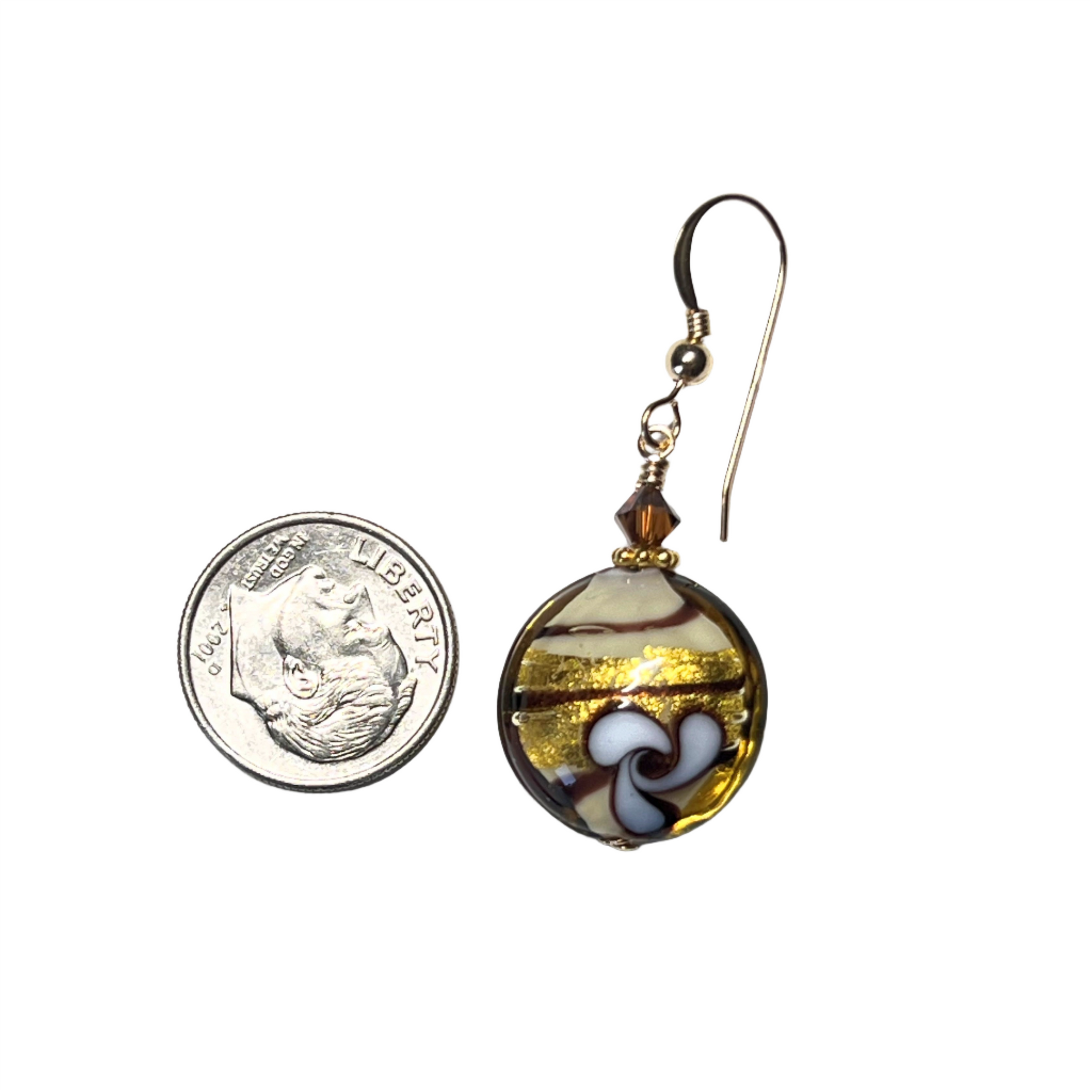 Murano glass brown flower disc gold earring by JKC Murano