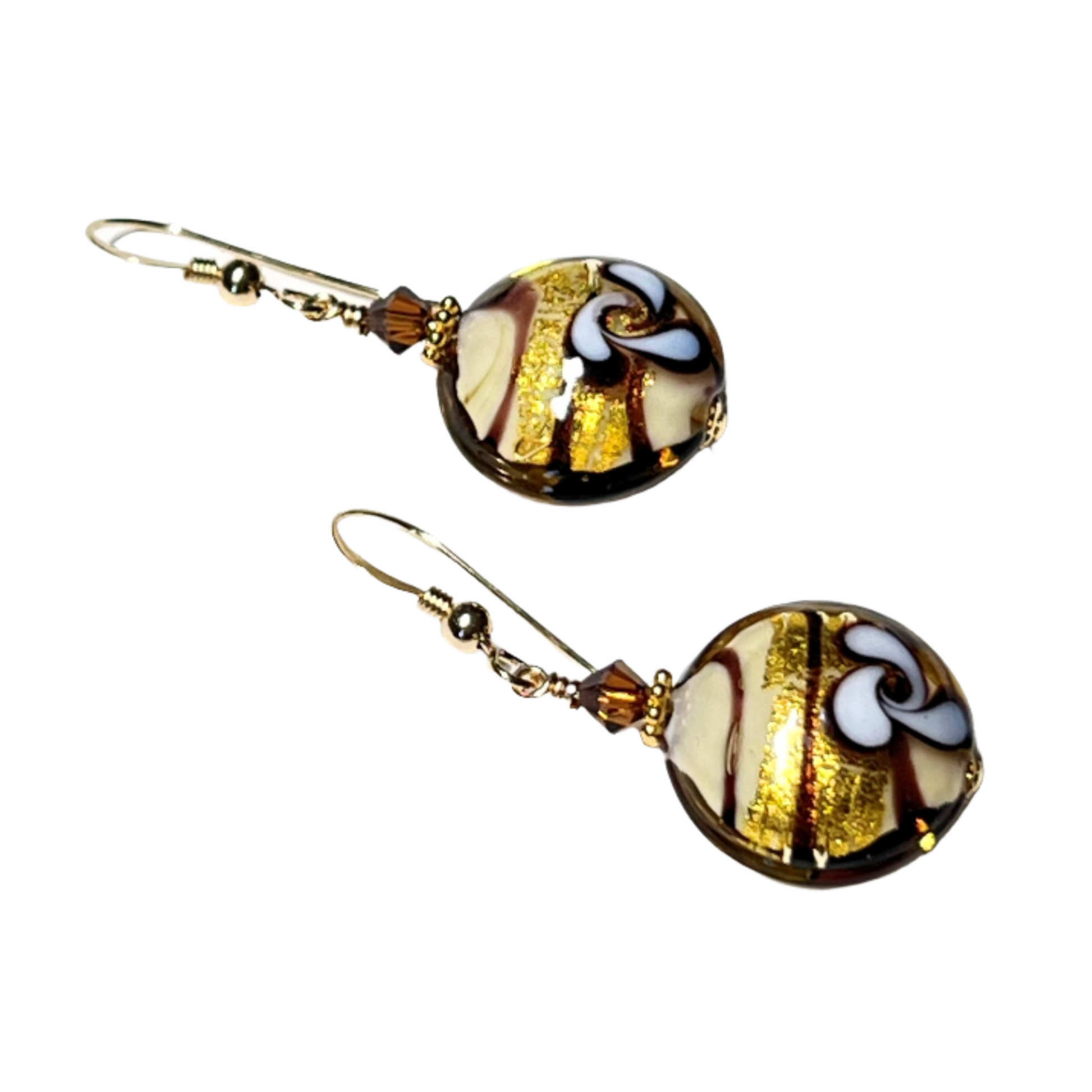 Murano glass brown flower disc gold earring by JKC Murano