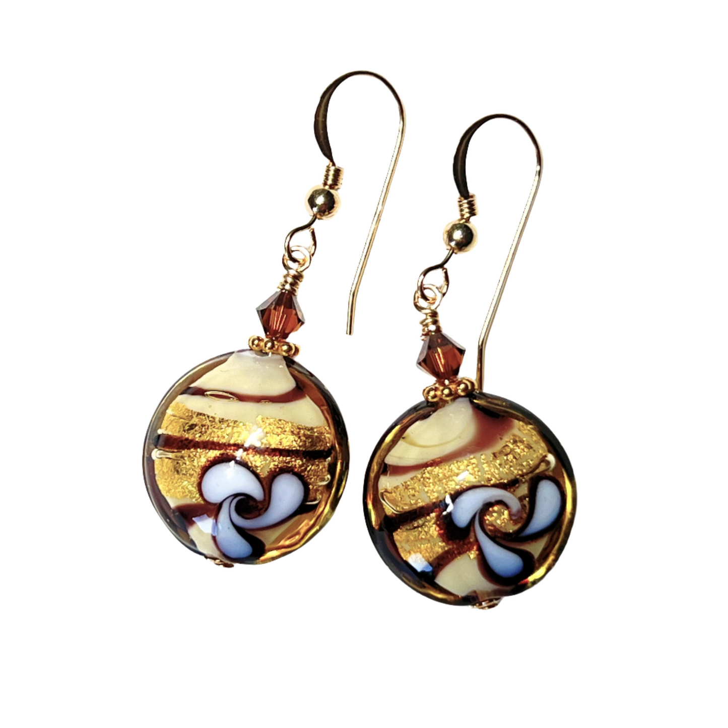 Murano glass brown flower disc gold earring by JKC Murano