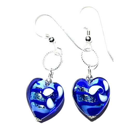 Murano glass blue flower heart earrings