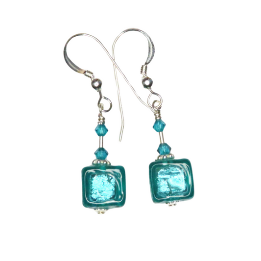 Murano Glass Sea Green Cube Silver Earrings, Leverback Earrings