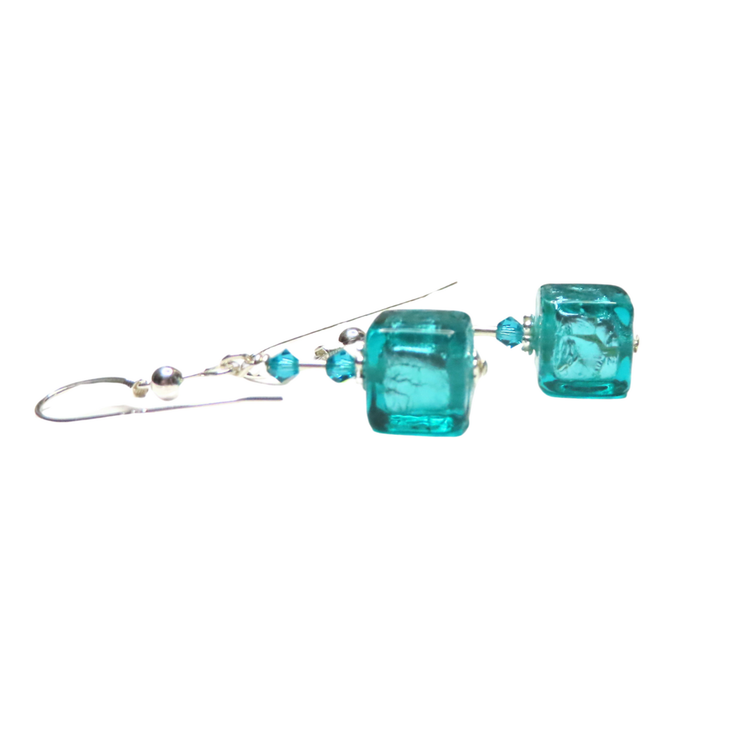 Murano Glass Sea Green Cube Silver Earrings, Leverback Earrings