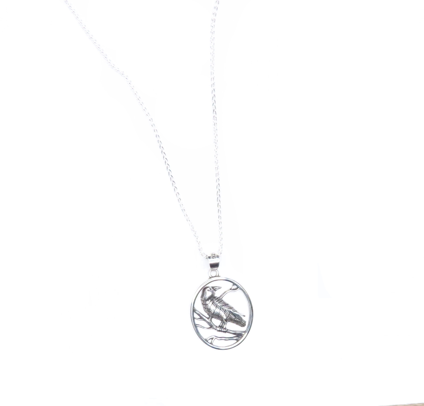 Sterling Silver Oval Raven Bird Pendant Necklace