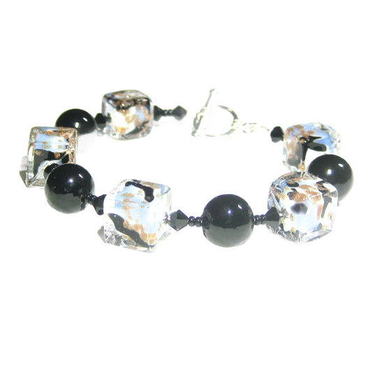 Murano Glass Blue White Black Cube Silver Bracelet - JKC Murano