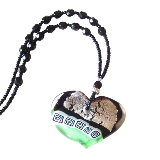 Murano Glass Large Heart Black Green Pendant Necklace - JKC Murano