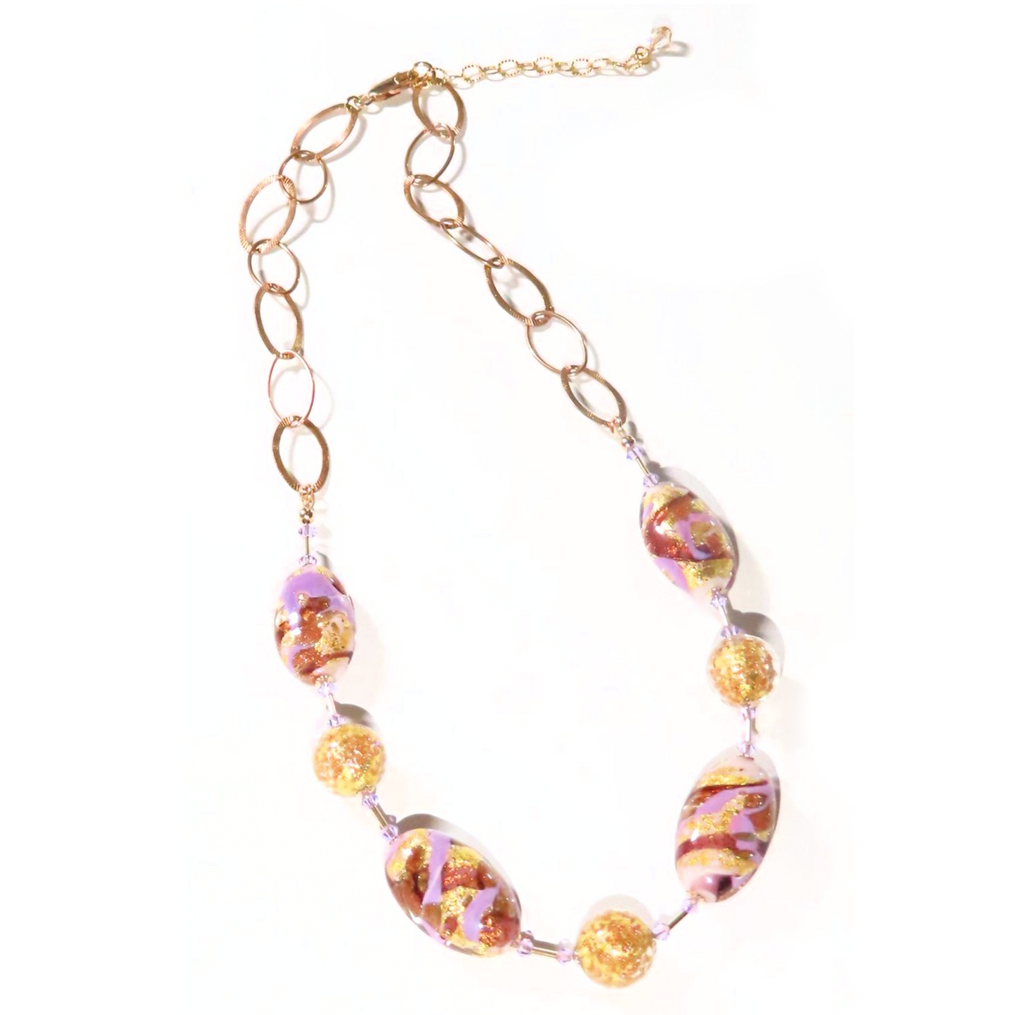 Murano Glass Lilac Purple Oval Beaded Gold Necklace - JKC Murano