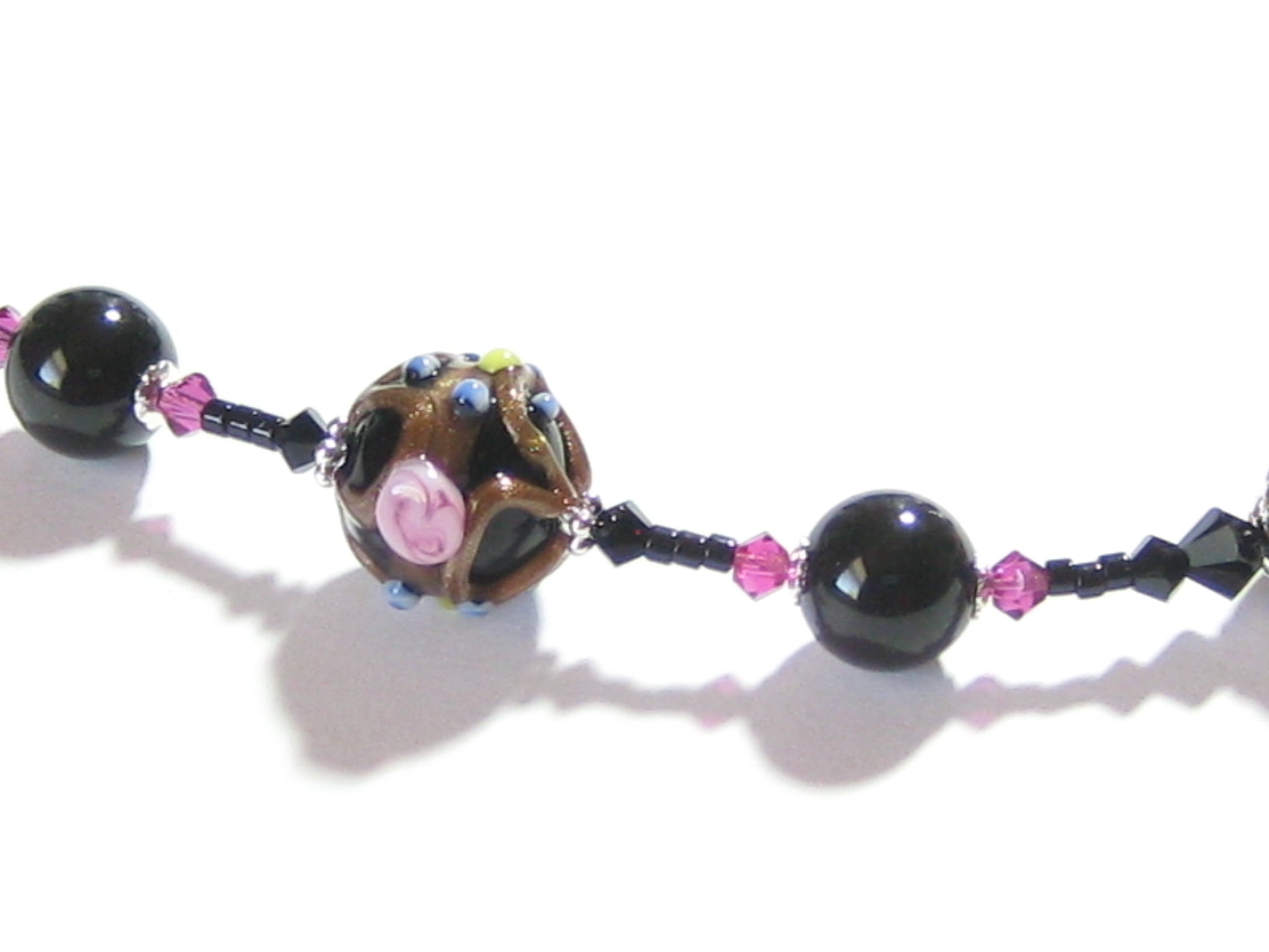 Murano Glass Black Pink Curved Tube Sterling Silver Necklace - JKC Murano