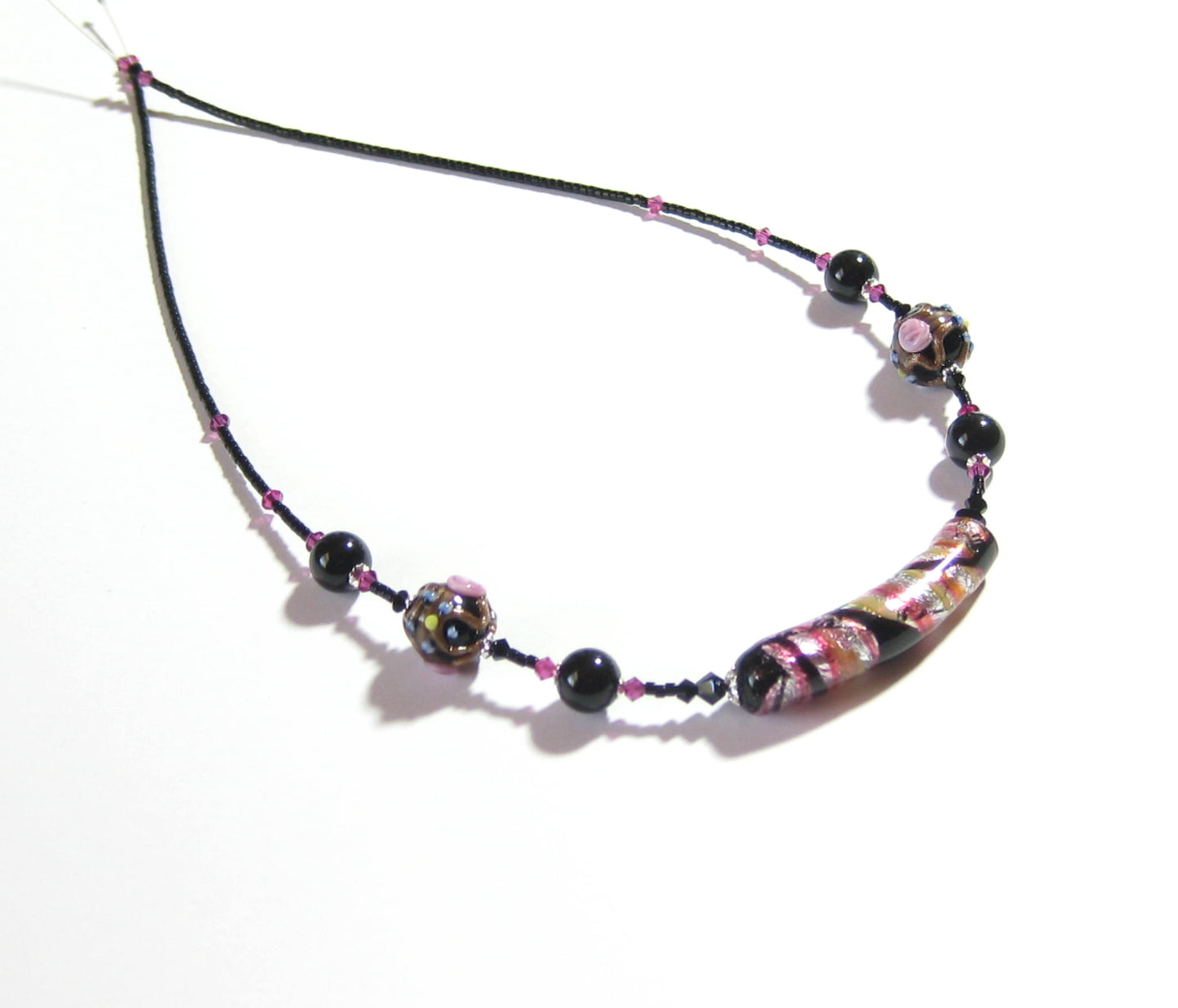 Murano Glass Black Pink Curved Tube Sterling Silver Necklace - JKC Murano