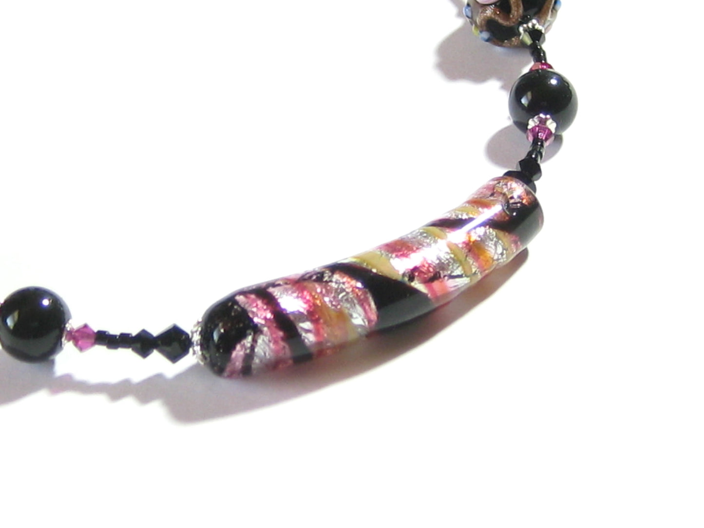 Murano Glass Black Pink Curved Tube Sterling Silver Necklace - JKC Murano