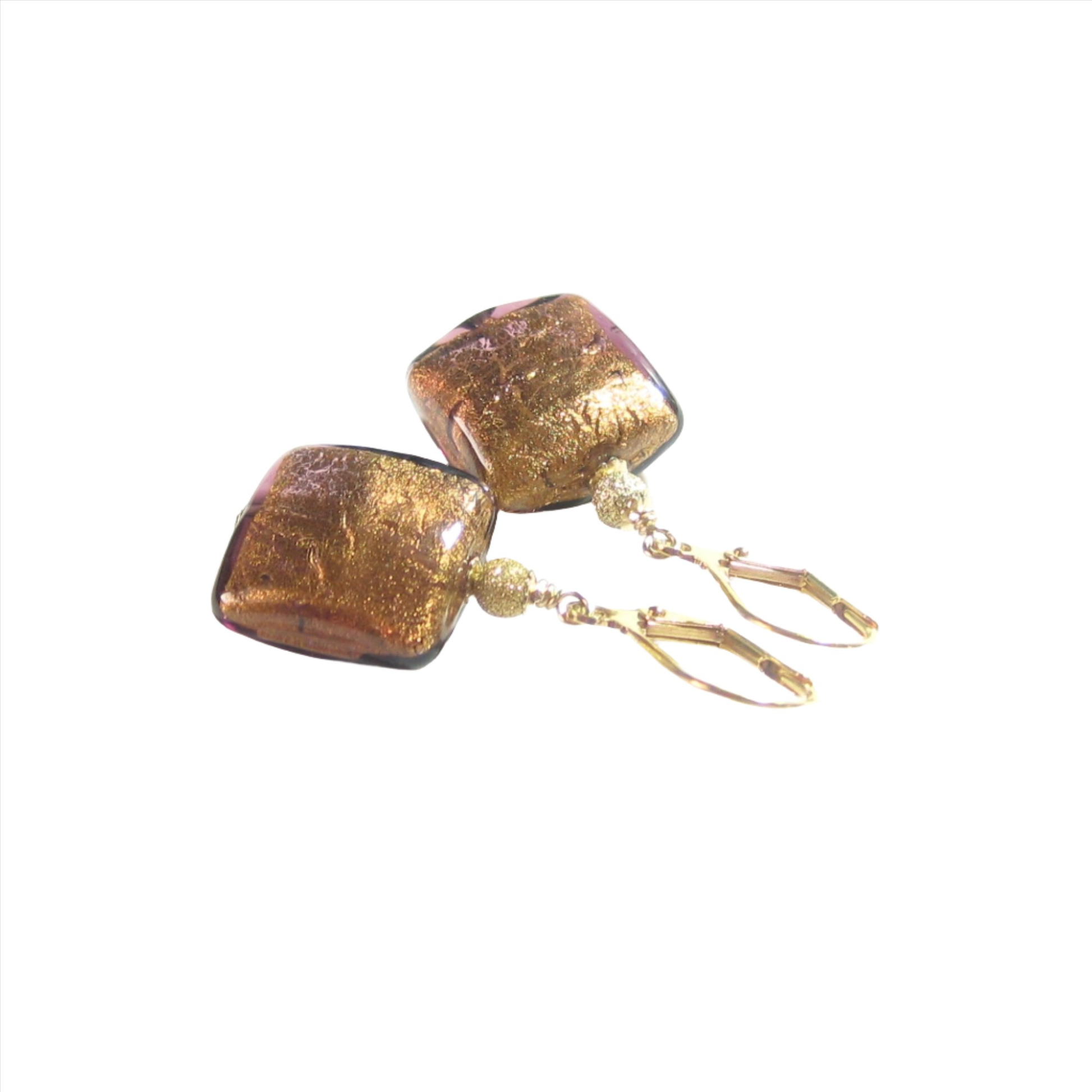 Murano Glass Brown Square Gold Earrings - JKC Murano