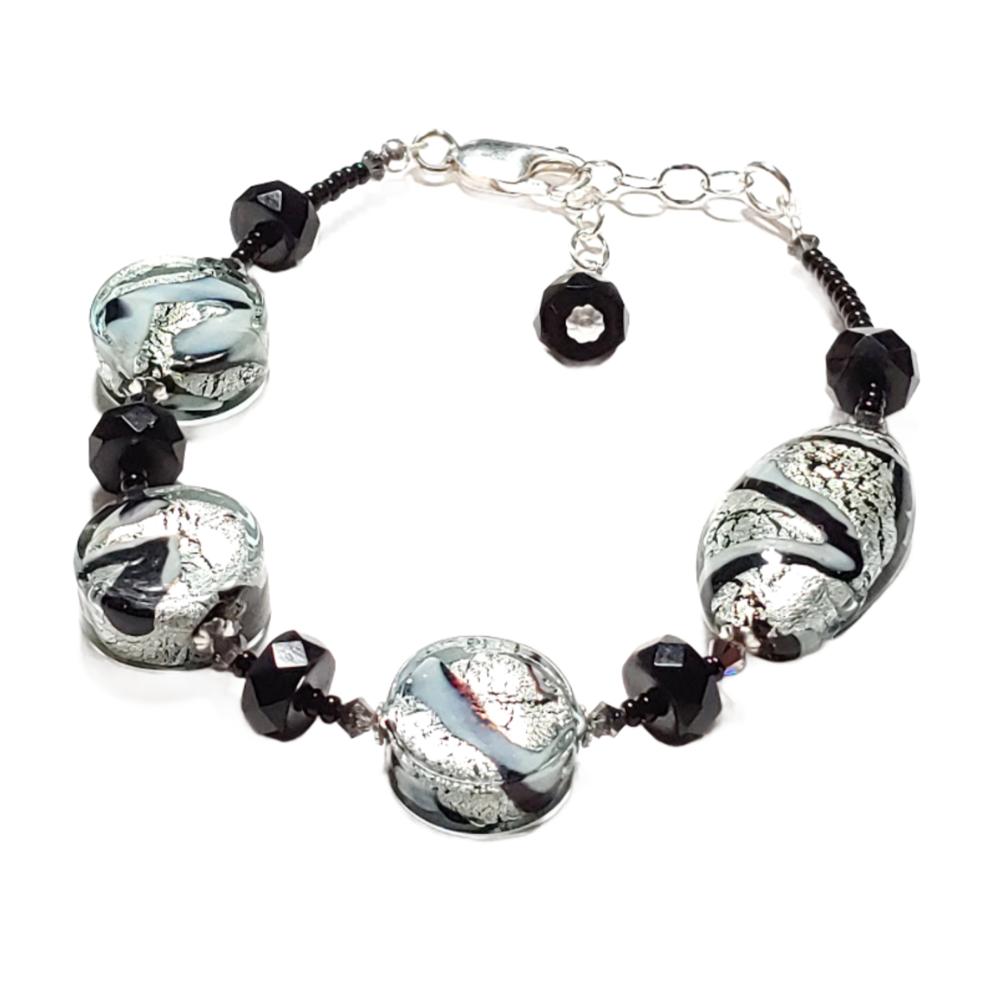 Murano Glass Black White Swirl Silver Bracelet - JKC Murano