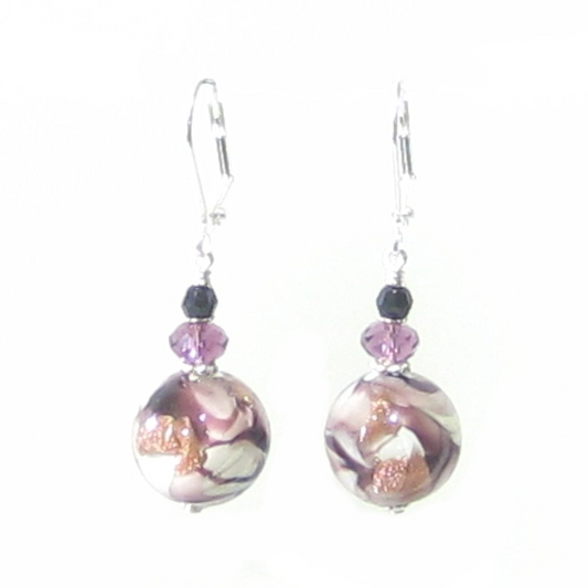 Murano Glass Purple White Swirl Ball Sterling Silver Earrings - JKC Murano